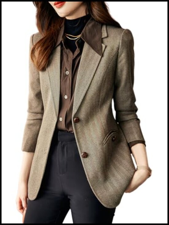 Jackets & Blazers - Women's Notched Lapel Plaid Herringbone Blazer Jacket Classic Slim Wool Blend